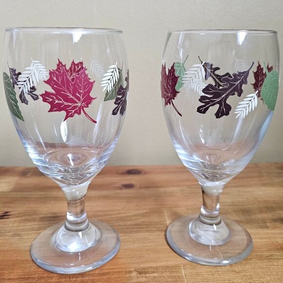 2 Libbey Glass Goblets Water Wine Autumn Fall Harvest Leaves Green Brown Red - Picture 2 of 6